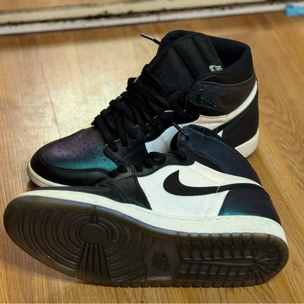 Size 12 M Nike Air Jordan 1s black white and teal hologram shoes